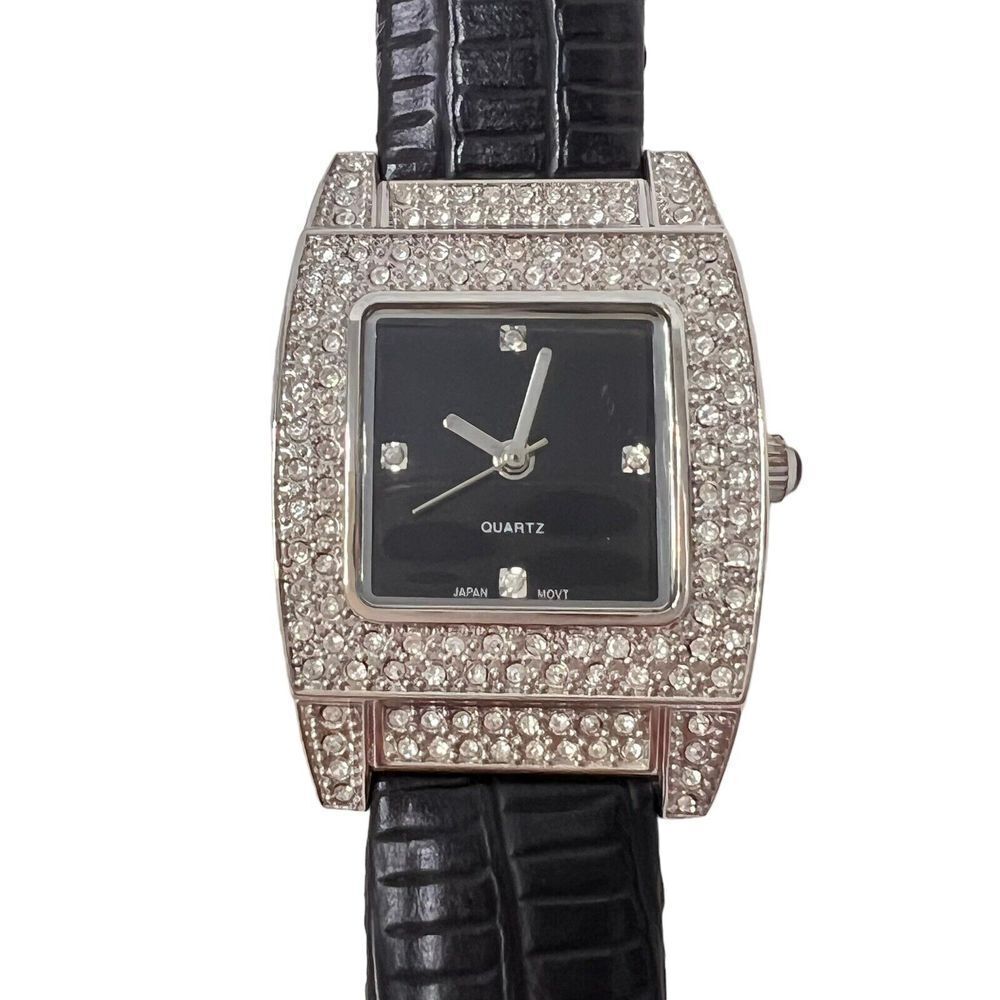Vintage Women's Watch Black Band Faux Leather Rhinestone Bezel Black Dial - Picture 6 of 16